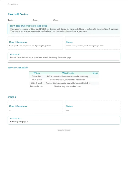 First page of the “Cornell notes” template in the Texva editor