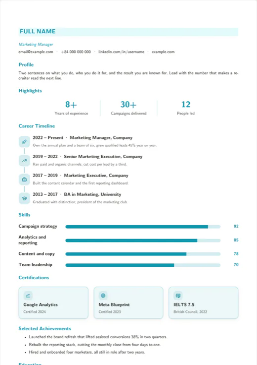 First page of the “Timeline résumé” template in the Texva editor