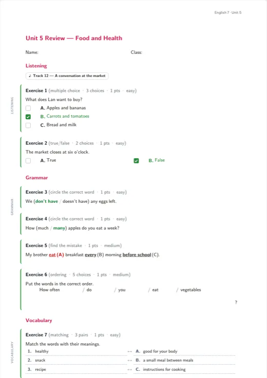 First page of the “English unit review” template in the Texva editor