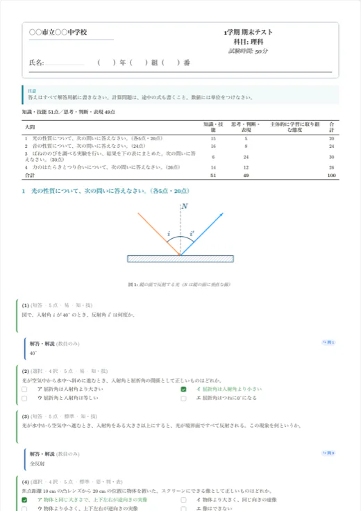 Texvaエディタで開いた「中学理科 定期テスト」テンプレートの1ページ目