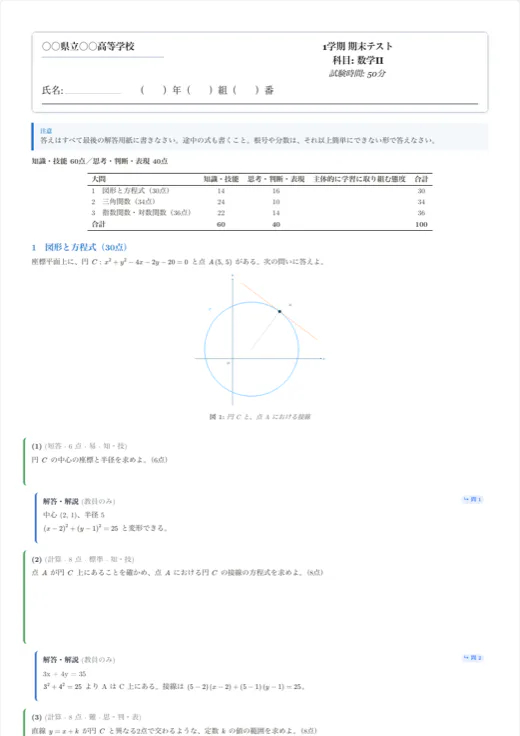 Texvaエディタで開いた「数学II 定期テストセット」テンプレートの1ページ目
