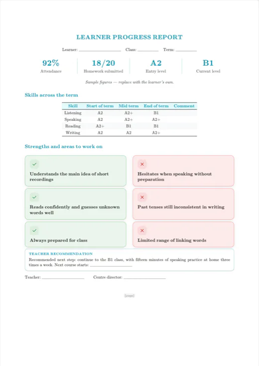 First page of the “Learner progress report” template in the Texva editor