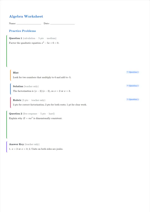 First page of the “Math worksheet” template in the Texva editor