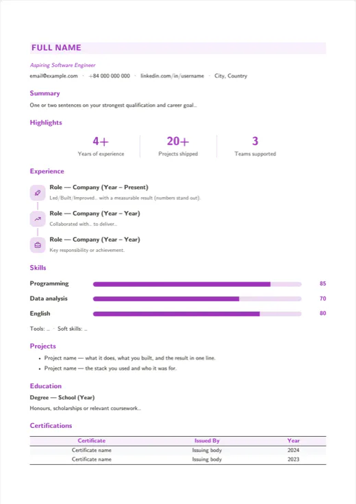 First page of the “Modern CV” template in the Texva editor